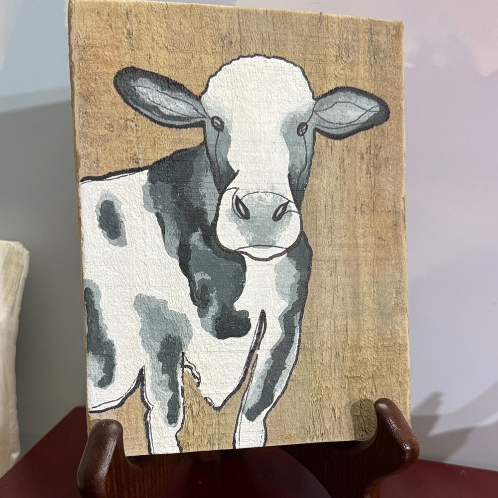 Artisan Black and White Cow hand Painted on wood